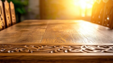 Sunlit wooden dining table with intricate carvings, surrounded by chairs, in a cozy setting