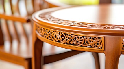 Intricately carved wooden dining table and chair set in a bright, inviting room with greenery