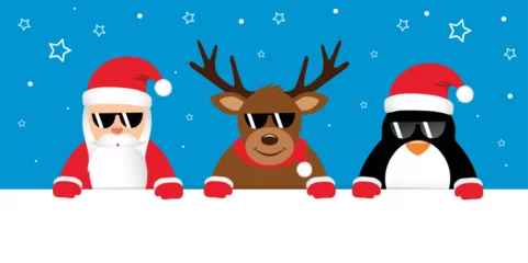 Fototapete Rund cool deer santa and penguin cartoon with sunglasses vector illustration © krissikunterbunt