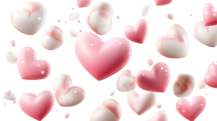 Heart shaped marshmallows with pink and white on white background