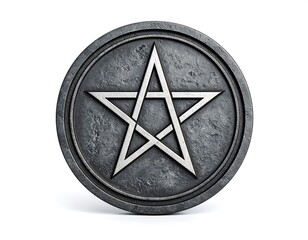 Close-up of a weathered metallic pentagram emblem with a white star design set against a white background