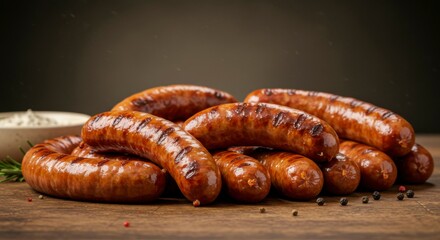 Fototapeta premium Juicy grilled sausages arranged on wooden board, beside peppercorns and a small bowl of sauce