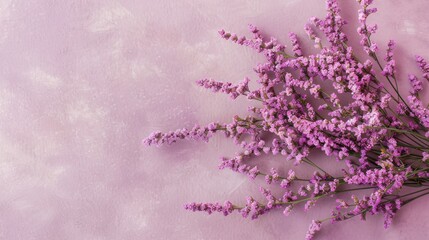 Fototapeta premium Pink Heather flowers displayed on a soft mauve table, adding a touch of elegance and beauty with room for personalized notes.