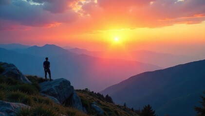 Obraz premium Serene sunrise over a misty mountain range, conveying a sense of spiritual awakening and inner peace Perfect for meditation, yoga, or mindfulness themes , divine, nature, sunrise