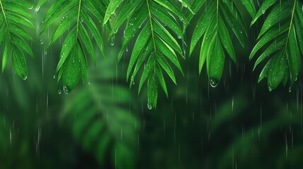 Lush green leaves glistening with raindrops in a vibrant, tropical forest setting