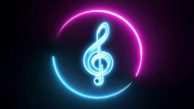 Glowing neon treble clef music symbol on dark background showcasing sound and audio creativity, ideal for entertainment, music intros or media design