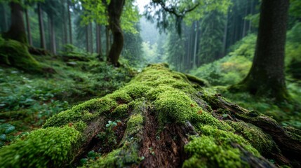 Lush Green Forest with Moss Covered Log