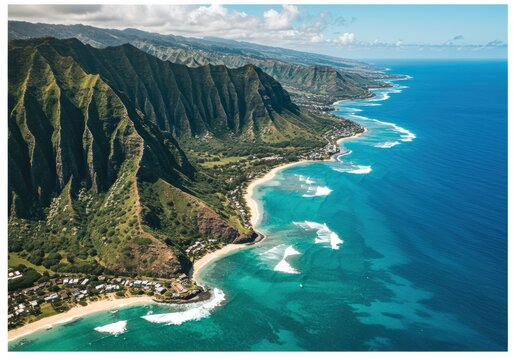 The stunning aerial view showcases green mountains meeting a vibrant blue ocean along the coastline. - Powered by Adobe