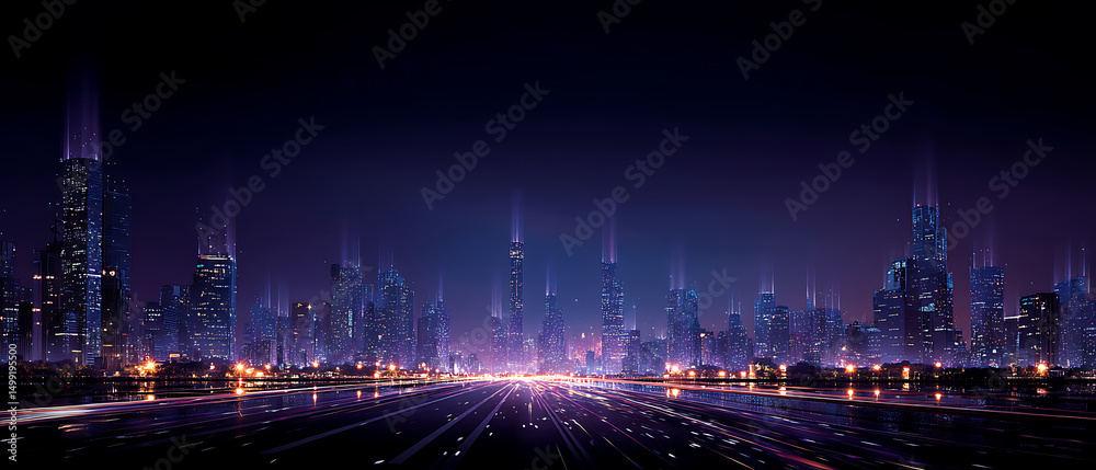 Poster digital artwork showcasing a futuristic metropolis skyline adorned with holographic advertisements.