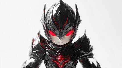A chibi-style armored figure with a dark, metallic, black suit, glowing red eyes, and sharp, angular helmet details, set against a stark white background