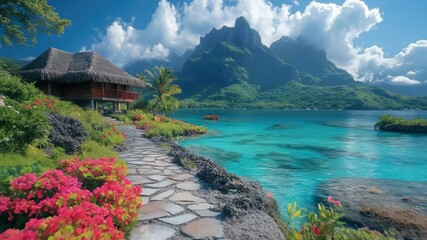 Tropical paradise with overwater bungalows and turquoise lagoon - Powered by Adobe