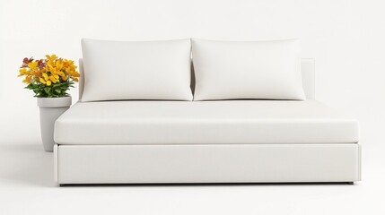 Minimalist white sofa with plush pillows and a vibrant flower pot in a bright setting