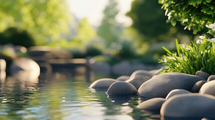 Serene riverside scene with smooth stones, lush greenery, and gentle water reflections