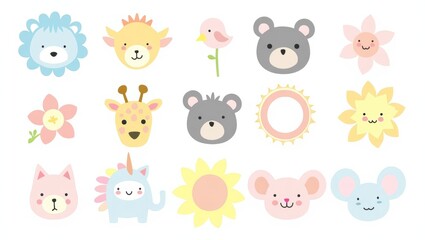 Colorful animal and flower illustrations.