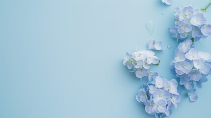 Soft blue hydrangeas laid out neatly on a clean, soft sky blue table, offering a serene backdrop with room for customization.