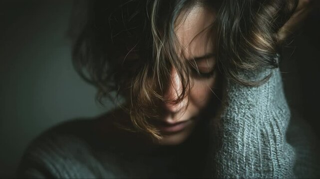 Female PTSD and Trauma Concept: Frustrated woman in emotional distress with disheveled hair partly covering face, showing psychological vulnerability