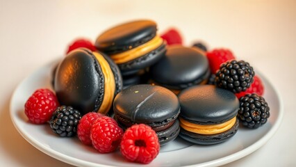 Black and gold macarons with raspberries and blackberries are presented on an elegant background. A perfect shot for a culinary or premium theme.
