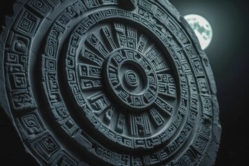 Obraz premium A close-up black and white photo of an Aztec calendar with vivid moonlight. Detailed symbols and textures give the image a mystical feel. Historical realism aesthetic.