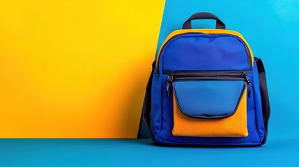 Brightly colored backpack on a vibrant blue and yellow background, showcasing modern design