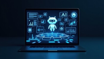 Digital robot figure displayed on laptop screen with glowing interface elements.