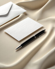 Elegant stationery set featuring a pen, card, and envelope on a silk backdrop.