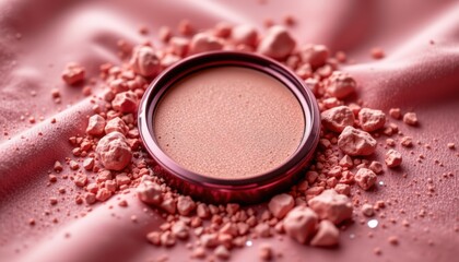 A small pink container of powder is sitting on a pile of pink rocks