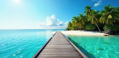 Serene island dock extending into calm turquoise water, sunlight reflecting on the tranquil surface  Perfect for travel, vacation, or coastal themed projects ,  sun,  coast