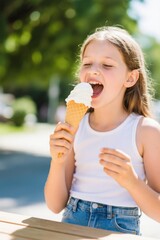 araffe girl eating an ice cream cone on a sunny day