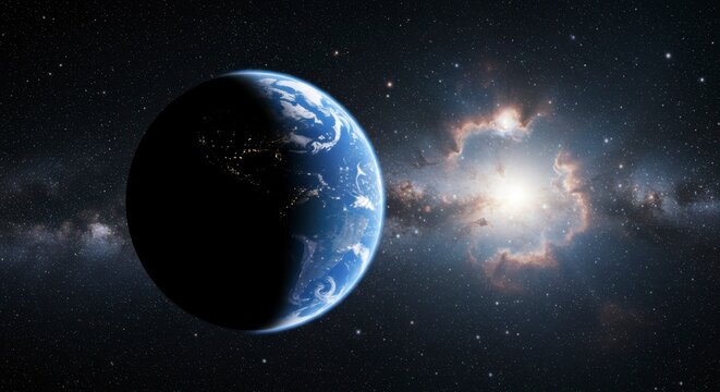 A half-lit planet orbits a bright star, set against a backdrop of cosmic dust and nebulae