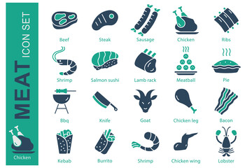Meat icon set. solid icon style. containing icon beef, steak, chicken meat and more. food element vector illustration