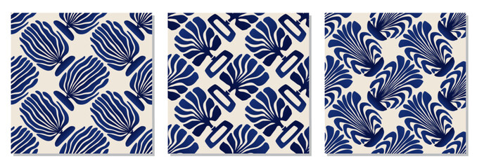 Set of trendy minimalist seamless botanical pattern with abstract creative hand drawn composition
