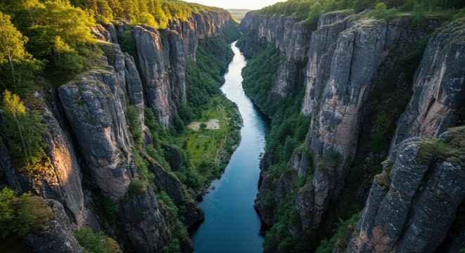 Majestic River Gorge A Breathtaking Aerial View of a Narrow Valley