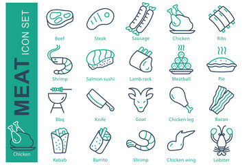 Meat icon set. line icon style. containing icon beef, steak, chicken meat and more. food element vector illustration