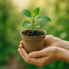 Person is holding a plant in a brown pot
