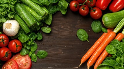 Fresh and Colorful Assortment of Vegetables on Wooden Table Surface with Bright Green Leaves and Natural Textures