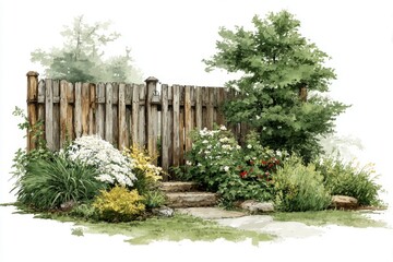 Fototapeta premium Rustic Wooden Fence Garden with Stone Steps and Blooming Flowers