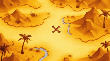 A vibrant desert landscape featuring mountains, rivers, and palm trees with a treasure marker