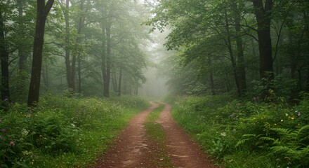 Fototapeta premium Misty forest path winding through lush greenery