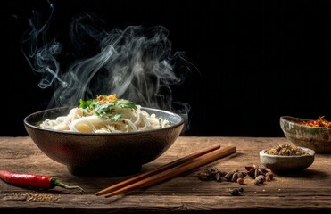 Steam rising from a bowl of noodles.
