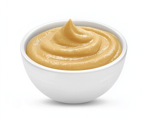 Bowl of smooth mustard on white background, copy space