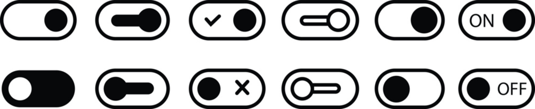 Turn on and off mode toggle Switch Buttons icons set. Black interface switch button concept. Slider collection Vector ui element icon.