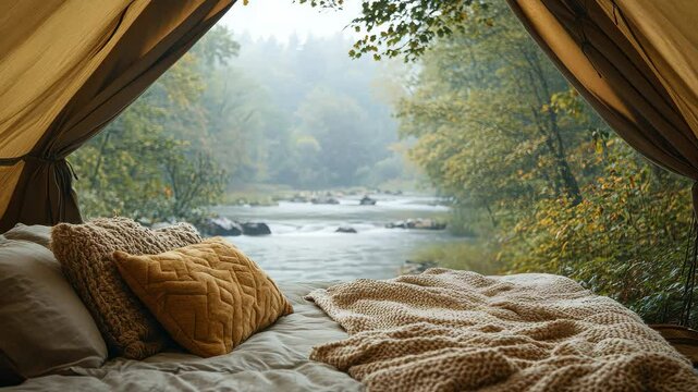 Comfortable bed with soft pillows and blankets inside a tent, overlooking a peaceful forest river during a misty autumn morning.