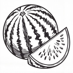 Watermelon slice in hand-drawn vintage style in black and white representing summer freshness and organic fruit illustration
