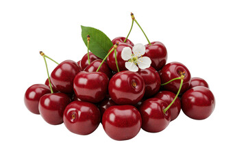 Cherries with green leaves and flowers in pile, cut out.