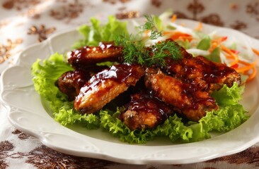 Fototapeta premium Deliciously glazed chicken wings served with a side salad.