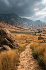 Naklejka premium Winding Stone Path Through Golden Valley and Mountains
