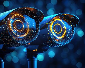 Glowing security cameras in the dark with light effects. Shows safety, security, surveillance, and technological themes.