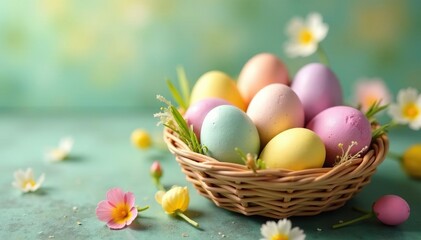 Obraz premium Pastel-colored Easter eggs in a basket, springtime colors , colorful, Easter, holiday decorations