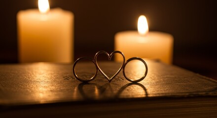 Two matching gold wedding bands placed on an open book, forming a heart shape with their shadows under warm candlelight