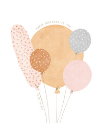 Cute Birthday Vector Card with a Bunch Of Air Balloons. Funny ​​Flying Balloons. Lovely Greeiting Card with Pink, Brown, Gray And Beige Balloons on a White Background. Gender Neutral Colors. 